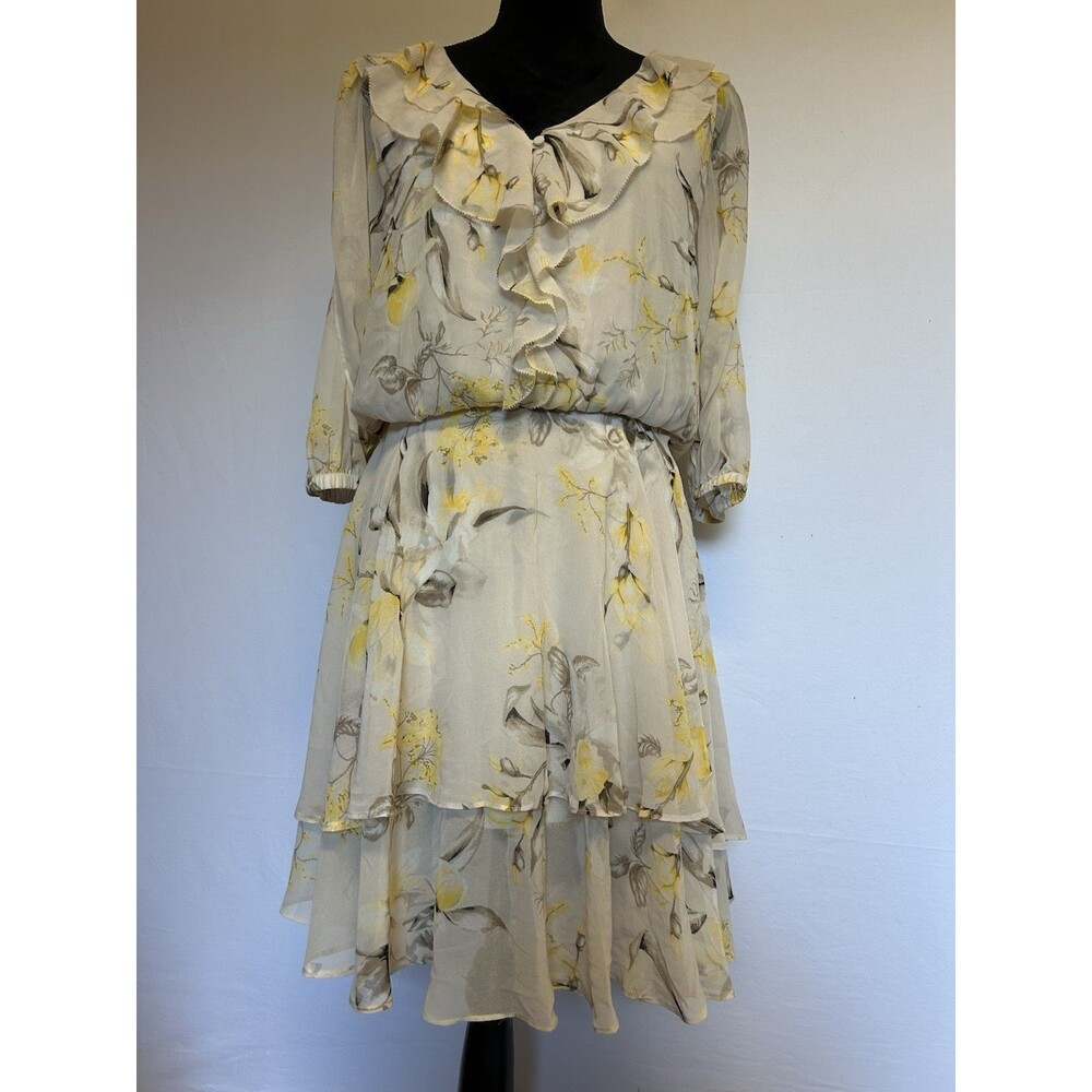 White House Black Market Ruffle Dress SP Cream Yellow Flowy Floral V Neck